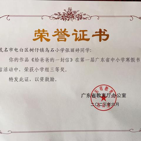 喜报！树仔镇乌石小学师生喜获第一届广东省中小学寒假书信活动省级奖项