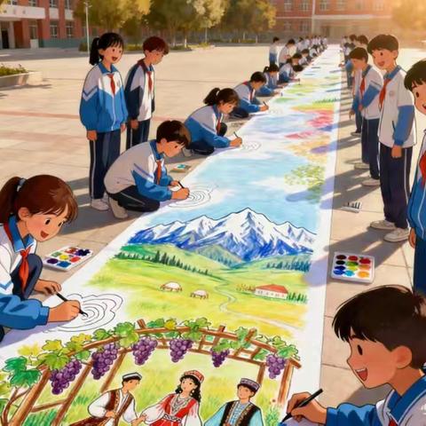 青河镇第三小学 "共画一幅画·百米画廊颂家乡" —庆祝新疆维吾尔自治区成立70周年 主题活动