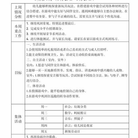 小一班 三月第4周周计划