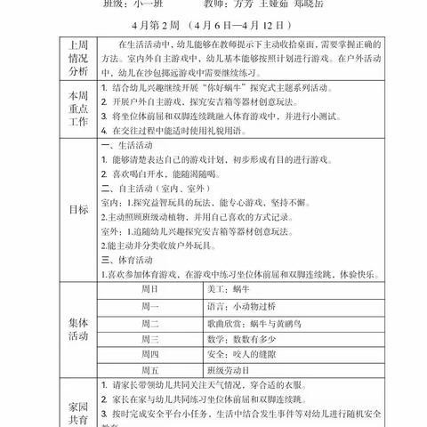 小一班四月第2周周计划