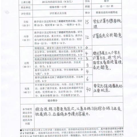 基于新课标培养小学低年级学生计算能力的策略研究（评课表）