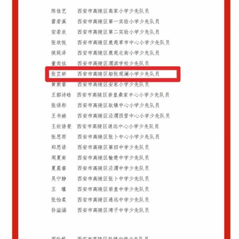 喜报-船张观澜小学六（1）中队张芷妍被授予2023年“红领巾奖章”个人四星章