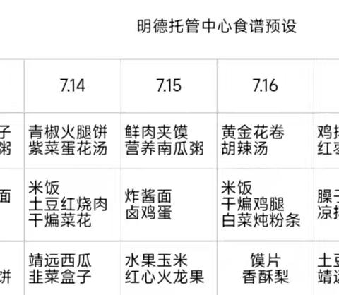 明德托管中心暑假托管食谱预设