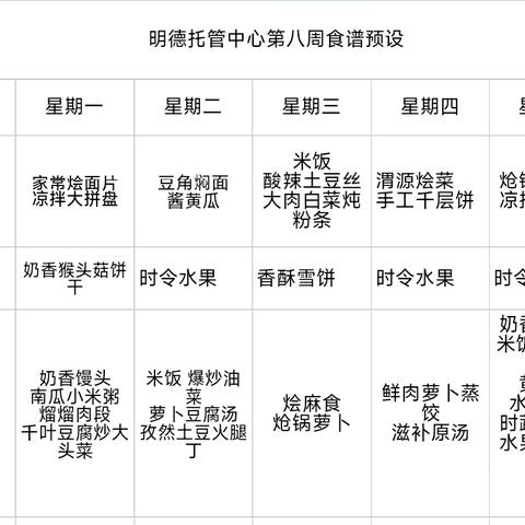 明德托管中心第十五周食谱预设