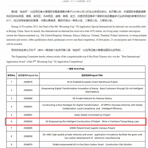 喜报！ 山西产互荣获“绽放杯”国际赛一等奖！ ——联通山西产互 5G 驱动老挝钾盐矿数智变革，引领中国技术出海新征程