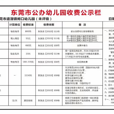 东莞市道滘镇闸口幼儿园收费公示