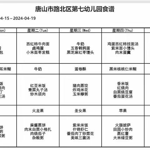 平衡膳食，合理营养——唐山市路北区第七幼儿园一周食谱记实