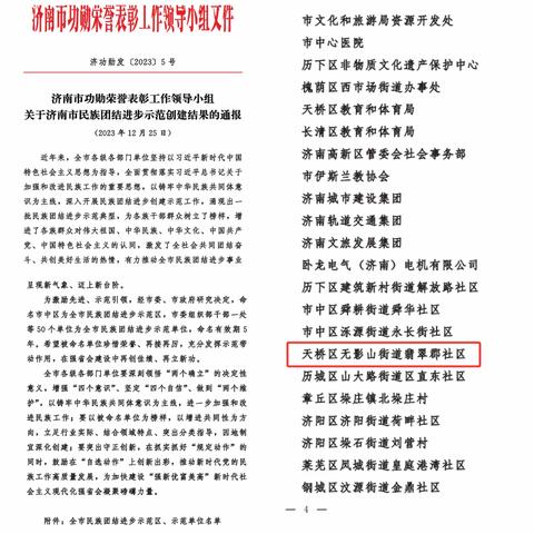 【影山红】喜报·无影山街道翡翠郡社区荣获全市民族团结进步示范单位