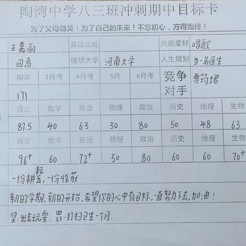 陶湾中学八三班2023-2024冲刺目标卡