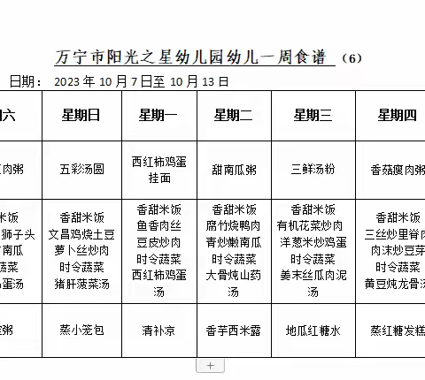 万宁市阳光之星幼儿园一周食谱10.7——10.13）