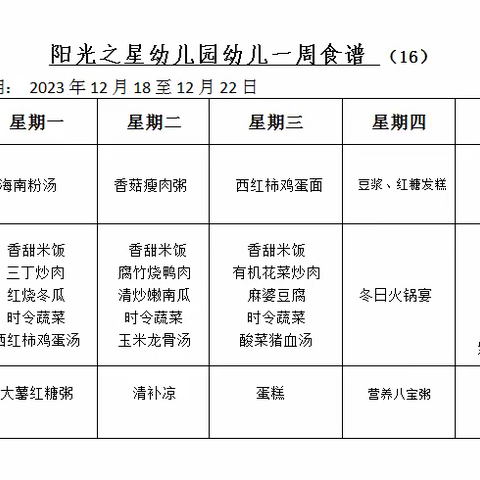 万宁市阳光之星幼儿园17周食谱