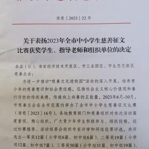 三树中学举行“2023年市中小学生慈善征文比赛”获奖师生颁奖仪式