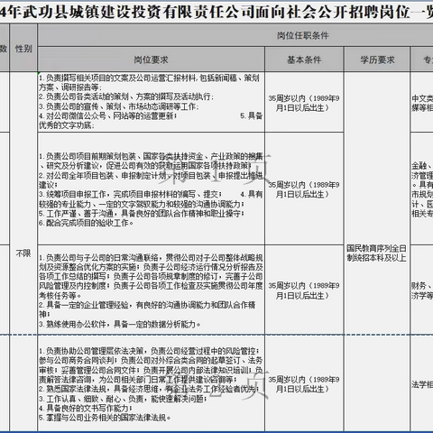 2024年武功县城镇建设投资有限责任公司面向社会公开 招聘公告