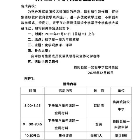 舞阳县第一实验中学教育集团中学化学大教研活动