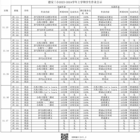 德安县第三小学四年级英语作业公示