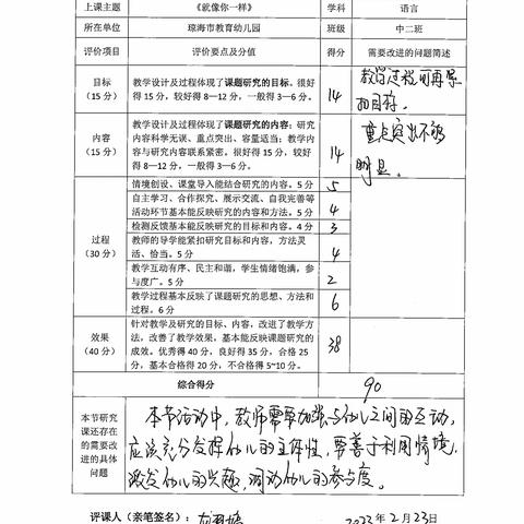 “利用阅读故事提高中班幼儿表征水平的实践研究”——小课题研究课评课表