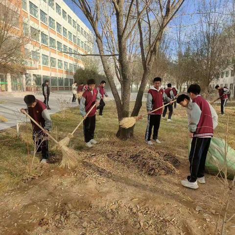 寒风凛冽黄叶飘飞,一中学子美化校园    ——山丹一中开展落叶清扫劳动教育