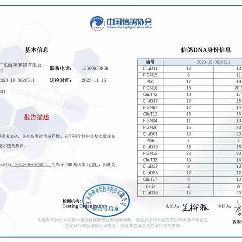 广东海翔（秋棚）决赛801-900名DNA基因鉴定证书