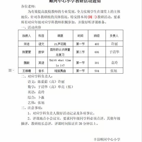 潜心教研共成长，扎根教学促提升——顺河中心小学第十二周教研活动