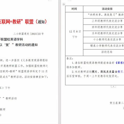 携手共研   全力以“复” —贺兰二小联盟英语学科期末复习计划交流研讨会