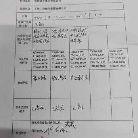中铁建工集团天津大学一标项目6月9日每日违章作业纠察记录及薄弱时段安全管理记录