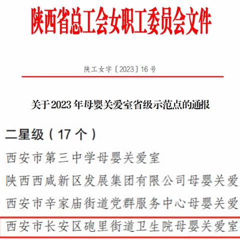 喜报！西安市长安区砲里街道卫生院荣获“二星级母婴关爱室省级示范点”荣誉称号