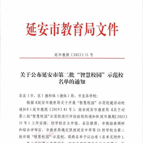 热烈祝贺我县城关小学、初级中学、沙梁幼儿园荣获延安市第二批“智慧校园”示范校称号！