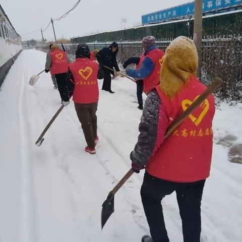 突如其来的一场大雪，给村民出行带来困难，大高村委组织公益岗清理村主干道积雪