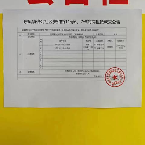 东凤镇伯公社区安和街11号6、7卡商铺租赁成交公告（伯公社区阳光居务）