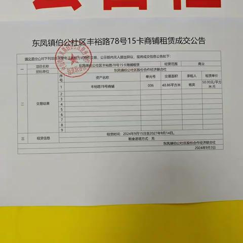 东凤镇伯公社区丰裕路78号15卡商铺租赁成交公告（阳光居务）