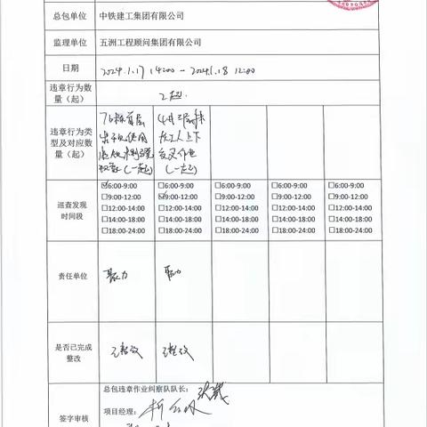 中铁建工集团天津大学一标项目1月19每日违章作业纠察记录及薄弱时段安全管理记录