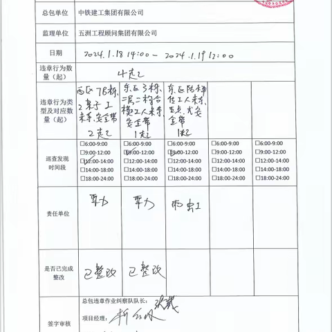 中铁建工集团天津大学一标项目2月5日每日违章作业纠察记录及薄弱时段安全管理记录