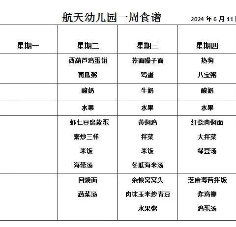 2024年10月14日—10月18日 航天幼儿园本周美食分享