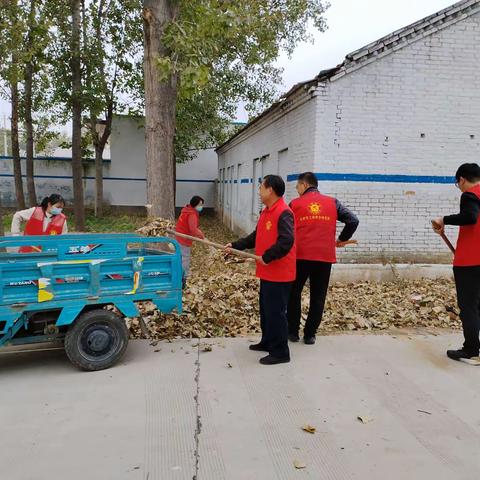 古贤镇前路村两委干部和志愿者清理空心院落树叶。