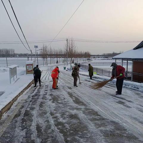 北宋镇丁家村网格员组织人员，在村内道路上清理积雪，避免村民出行不安全。