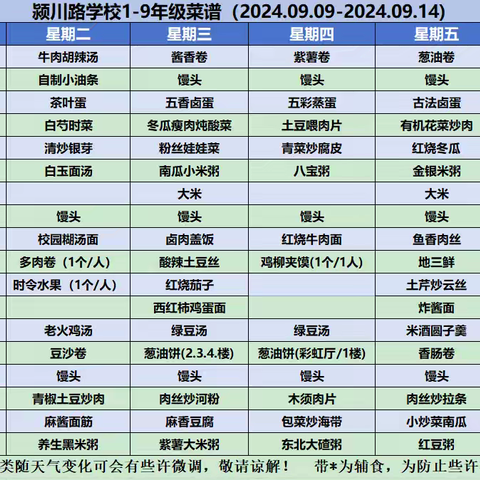 颍川路学校（09.18—09.20）菜谱