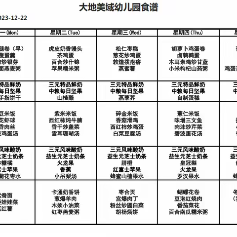 美食周报｜十二月第3周2023.12.18——-2023.12.22）———-大地美域幼儿园