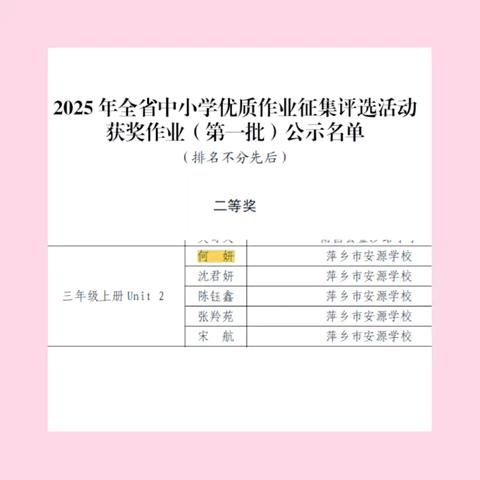 (课题动态11)【喜报】《指向跨文化意识培养的小学英语教学实践研究》课题组成员在2025年全省中小学优质作业征集评选活动中喜获佳绩