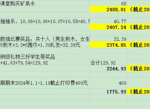 20班三年级上学期期末财务报表 2024/1.2日至2024/1.19截止