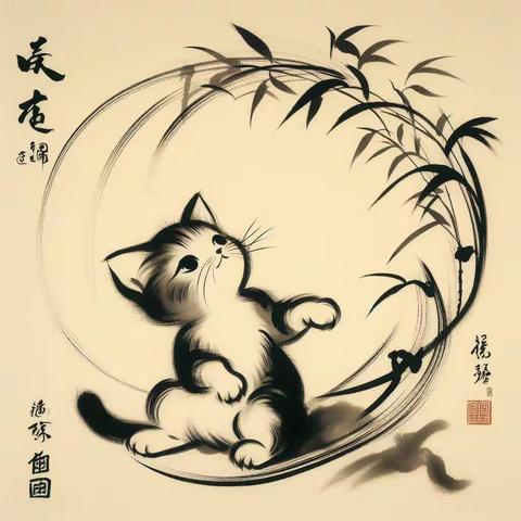 一些酷酷的小猫，水墨风格，AI绘画