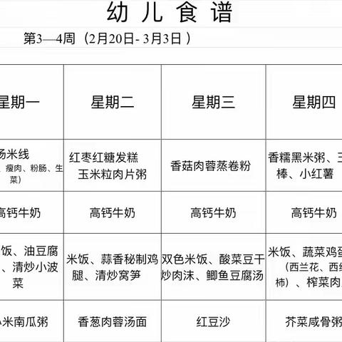 “营养美食，伴我成长”南雄市邓坊镇中心幼儿园第3-4周食谱播报