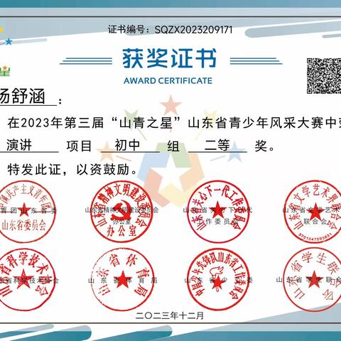 恭喜我校学子在2023 年第三届“山青之星”山东省青少年风采大赛中取得佳绩-科学素养报告