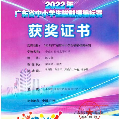 【喜报】中山市石岐太平小学荣获2022年广东省中小学生啦啦操锦标赛自选技巧小团体第二名