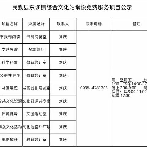 民勤县东坝镇综合文化站常设免费服务项目公示