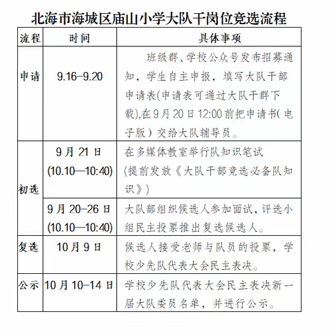 寻找和善校园里闪亮的红领巾 —2023年北海市海城区庙山小学大队干部竞选活动方案