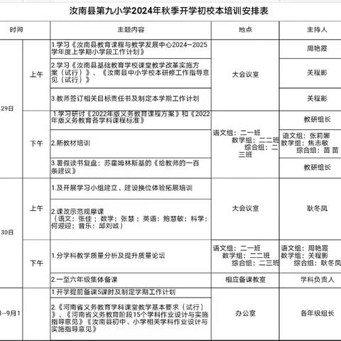 秋来金风至，  扬帆正当时 ——汝南县第九小学2024年秋季学期开学前校本培训活动