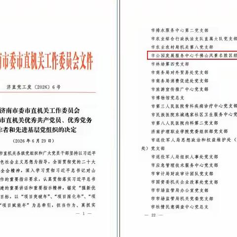 真心服务结硕果 情满历山谱新篇 —— 千佛山风景名胜区经营服务党支部荣获市级先进基层党组织称号