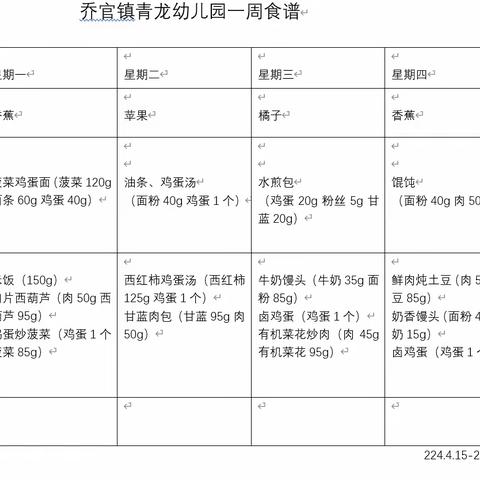 青龙幼儿园食谱 （2024.4.15-4.19）