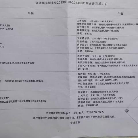 汪清县汪清镇东振小学校食谱