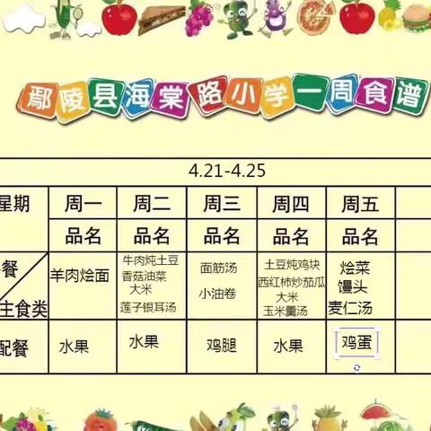 鄢陵县海棠路小学一周营养食谱 ‍ ‍4月21日——4月25日 ‍